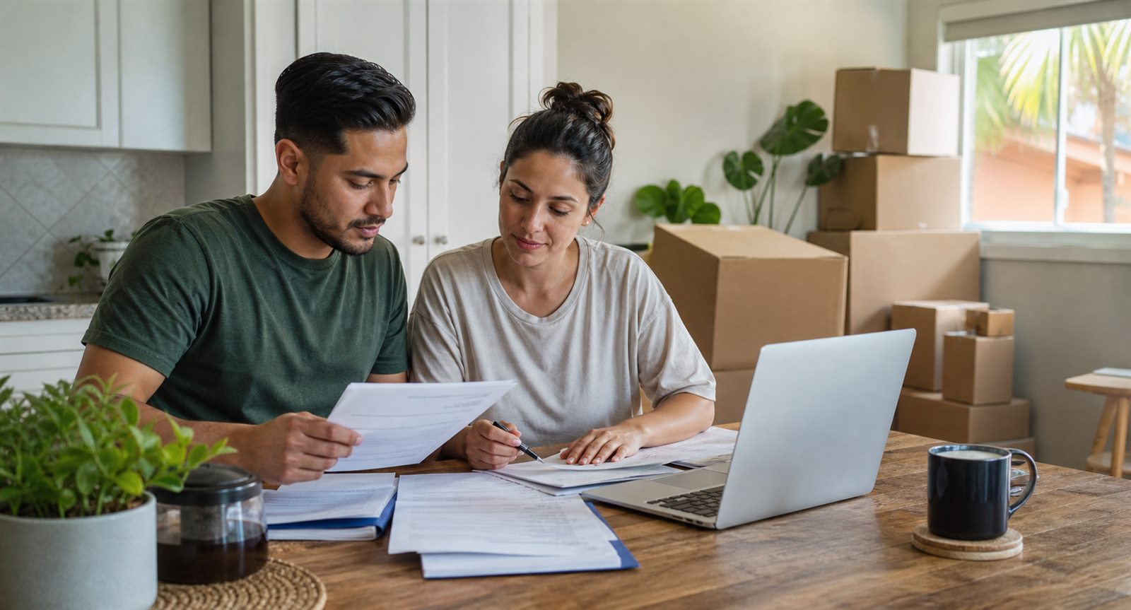 Renters reviewing application documents with moving boxes before move-in