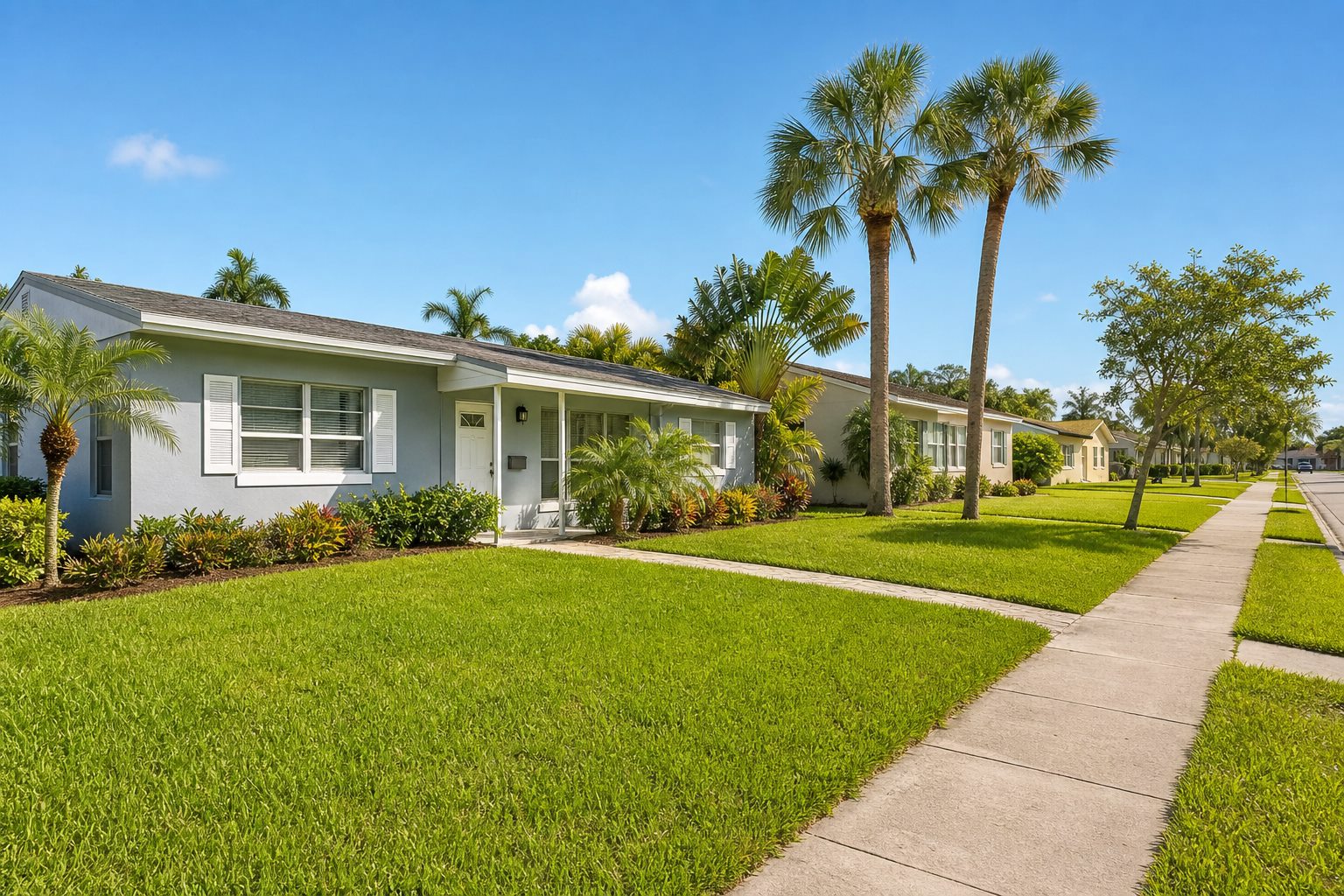 Modest Miami-Dade rental homes with green lawns and palm trees