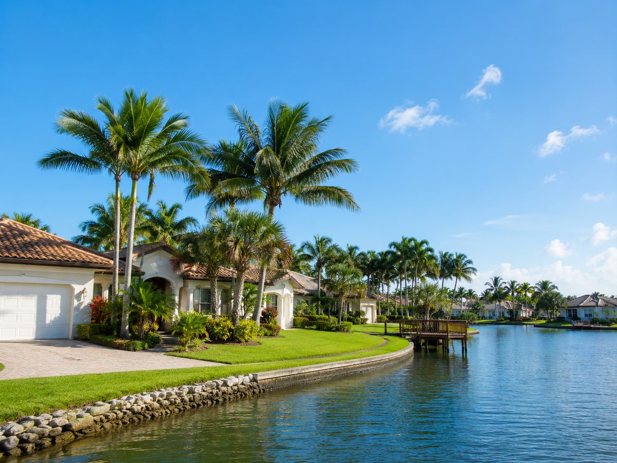 Barrio Cutler Bay con casas frente al mar, vegetación tropical y luz soleada del sur de Florida