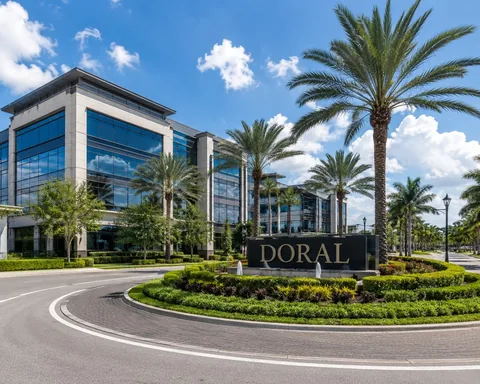 Paisaje urbano de Doral con edificios modernos, palmeras y jardines bien cuidados