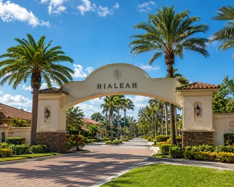 Entrada al vecindario Hialeah con palmeras y un soleado paisaje del sur de Florida