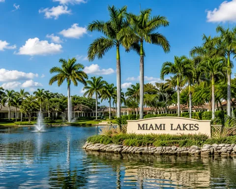 Cartel de la comunidad frente al lago Miami Lakes con palmeras, agua y zonas verdes