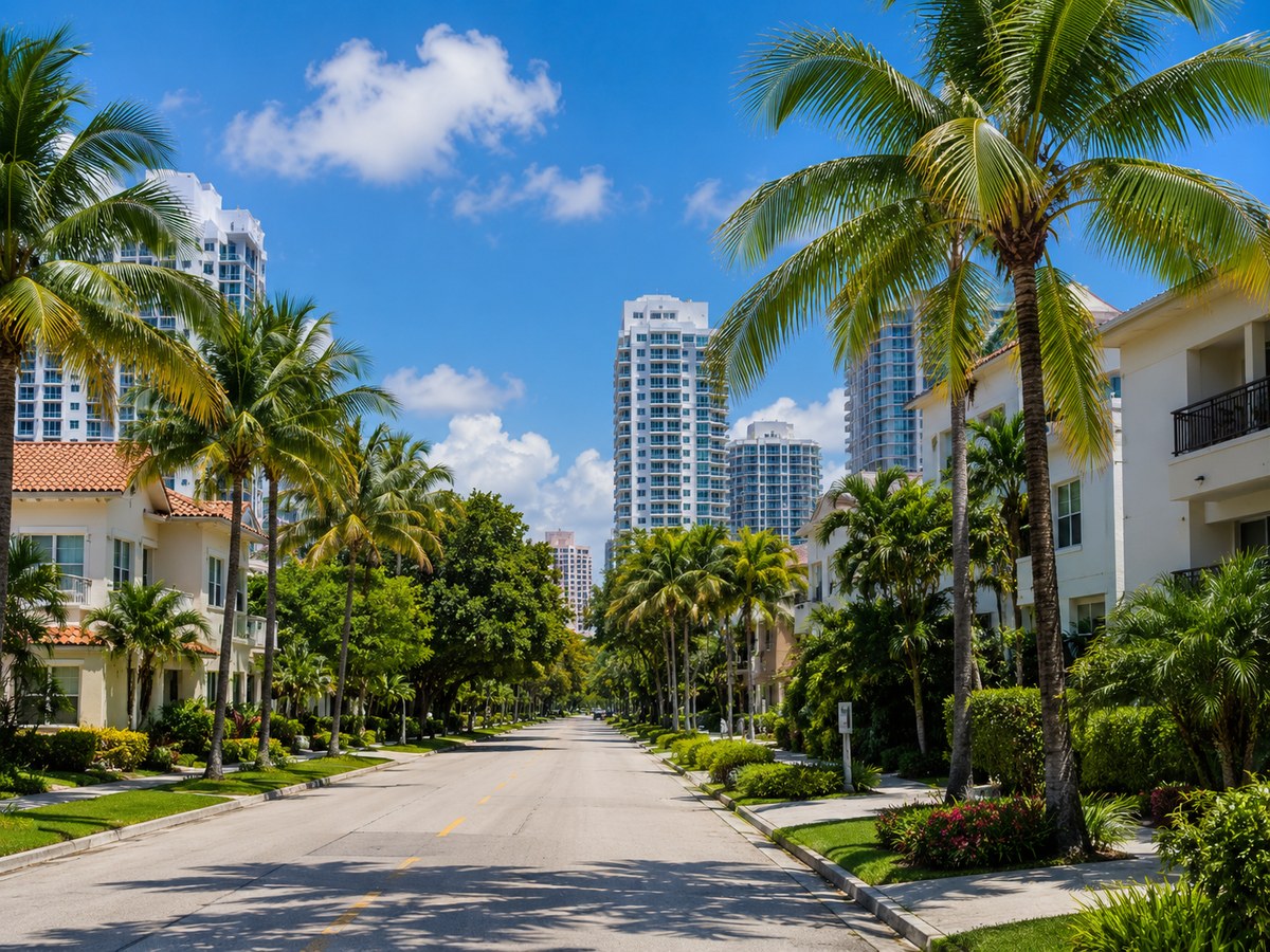 Calle del barrio North Miami con palmeras, casas y carácter urbano-suburbano.