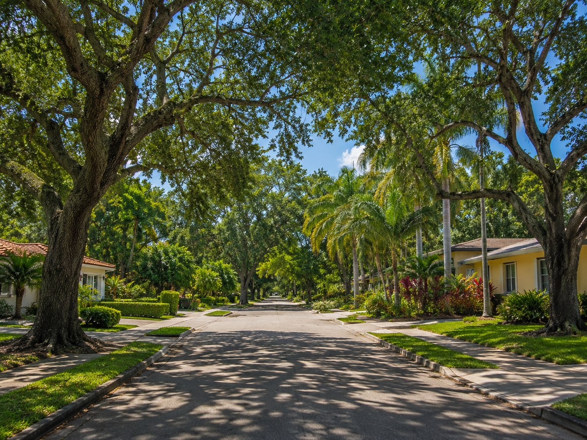 Calle del vecindario West Miami con árboles maduros, casas y jardines tropicales