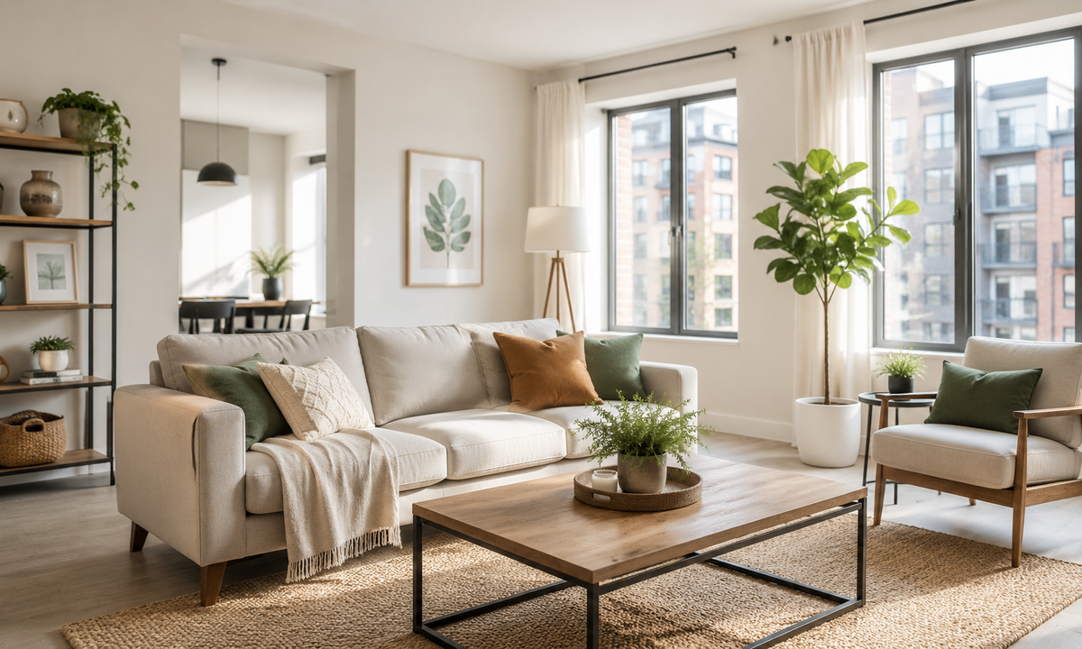 Bright airy staged rental living room for contact follow-up